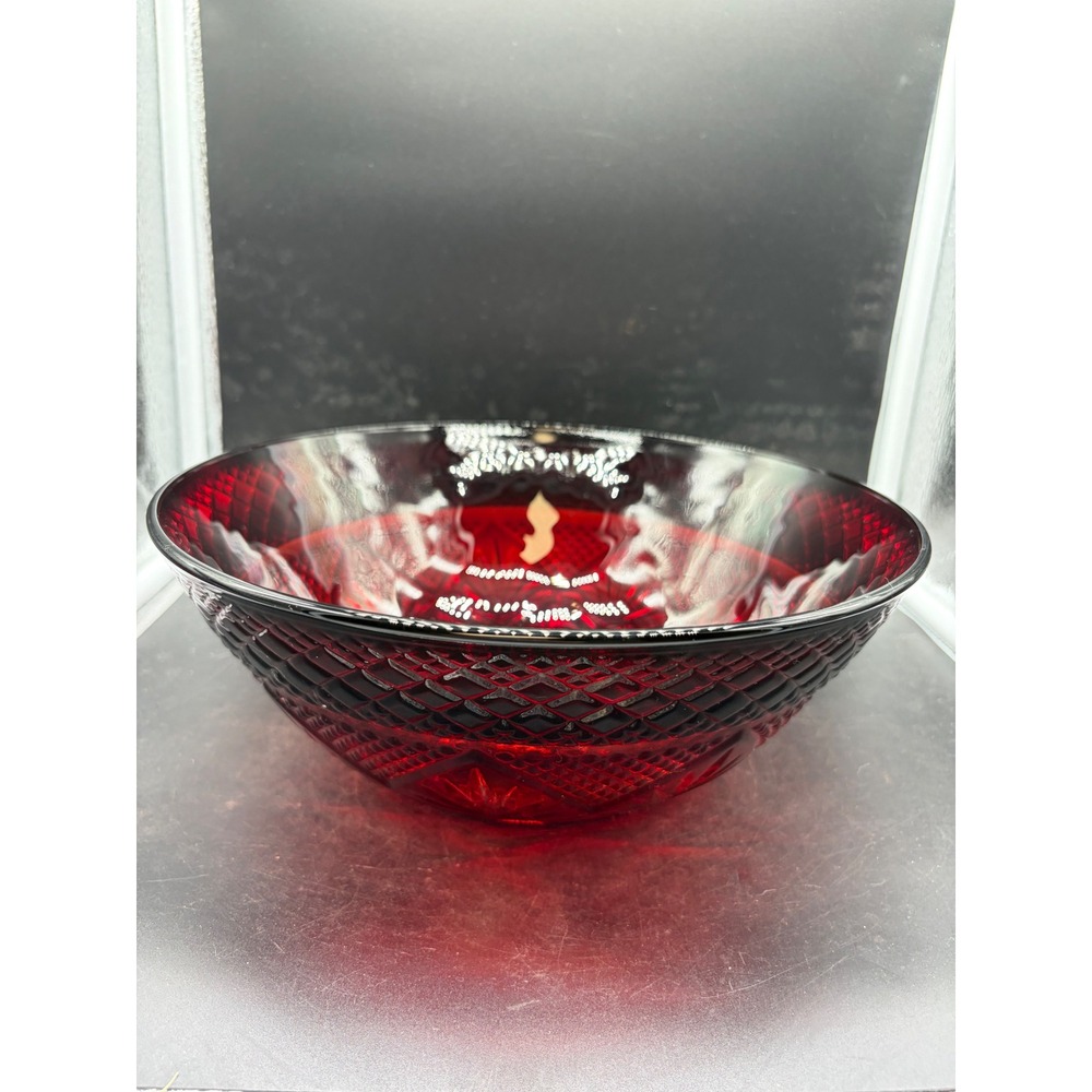 Vintage Ruby Red Glass Serving Bowl Diamond Quilt Starburst Pattern 9.5 Inch